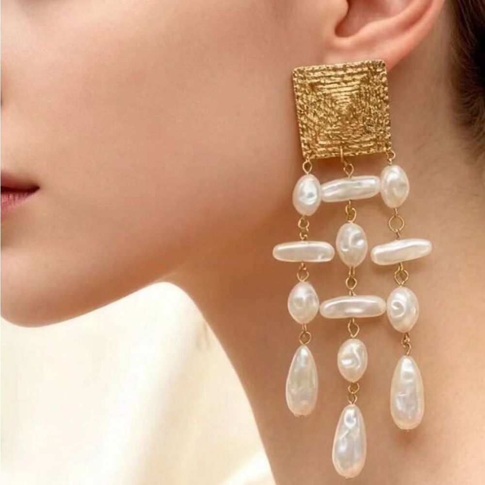 Gold and White Pearl Drop Statement Earrings - Women Jewelry R 396 - Picture 4 of 4